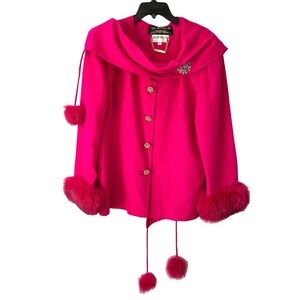 Lily & Taylor Hot Pink Fuscia Finland Fox Trim Wool Blazer Jacket Drape size 18